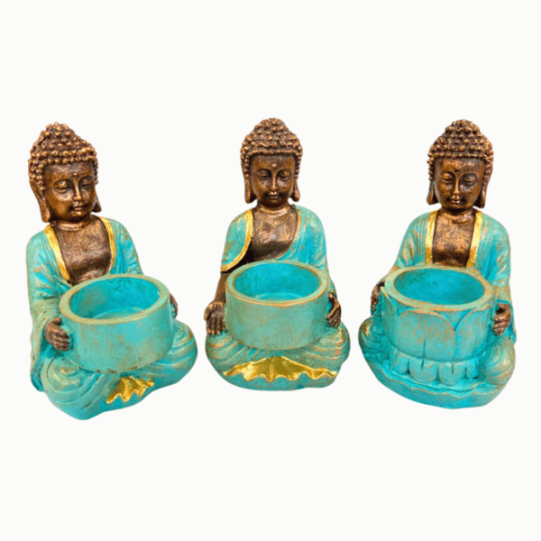 Buda Tibetano 14cm Dourado/Azul C/Porta Vela - Conjunto 3pç
