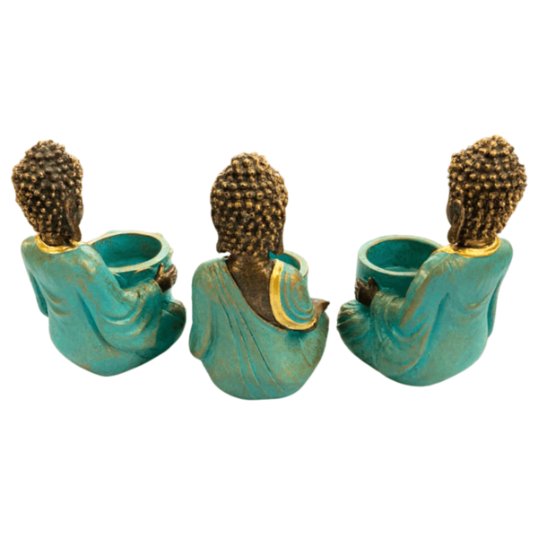 Buda Tibetano 14cm Dourado/Azul C/Porta Vela - Conjunto 3pç - Image 3