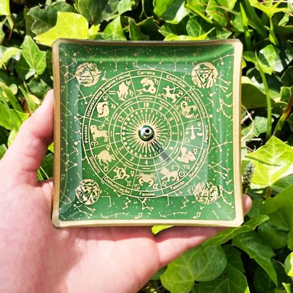 Incensário Vidro 11,5Cm - Signos Verde/Dourado