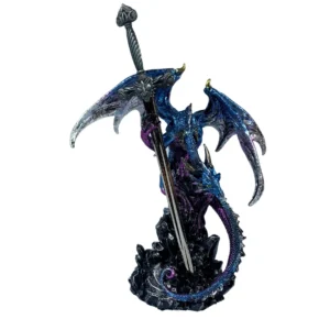 Estátua Decorativa 24Cm Dragão Azul C/Espada